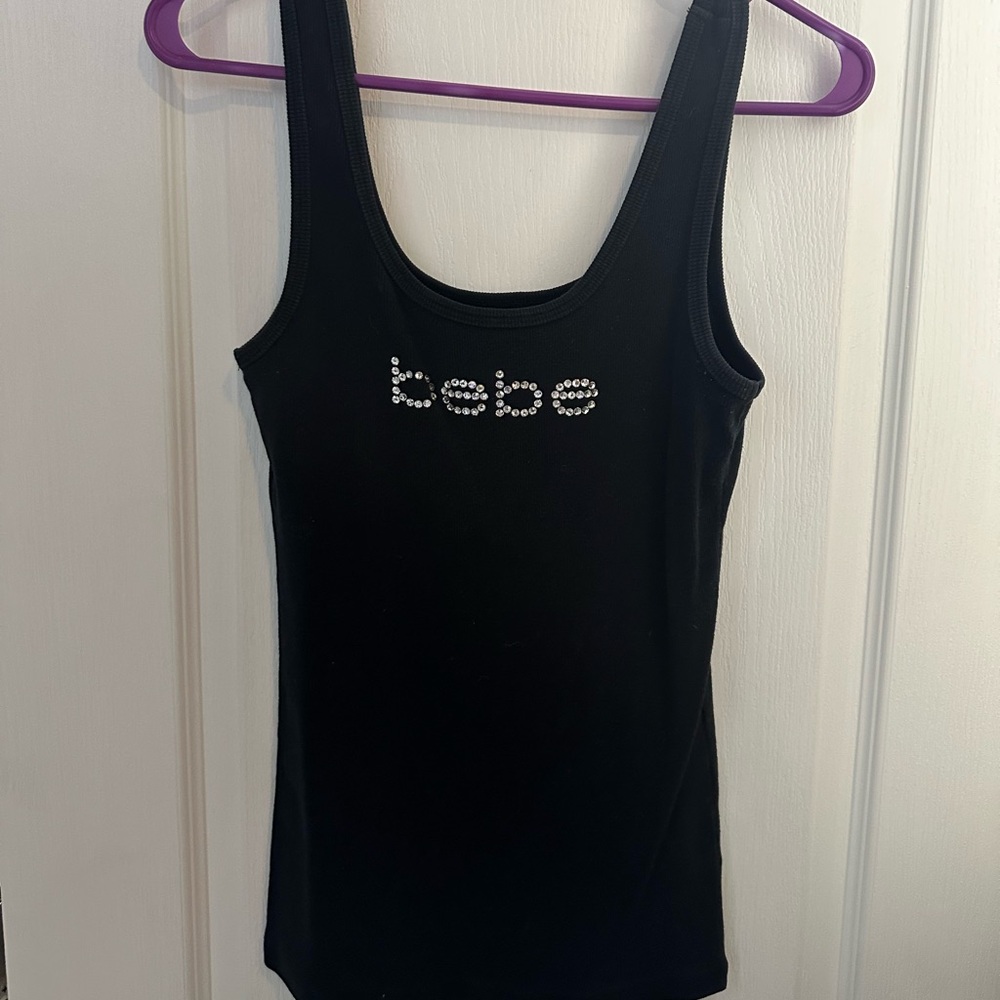 Bebe Black Tank Top with Embellished Logo